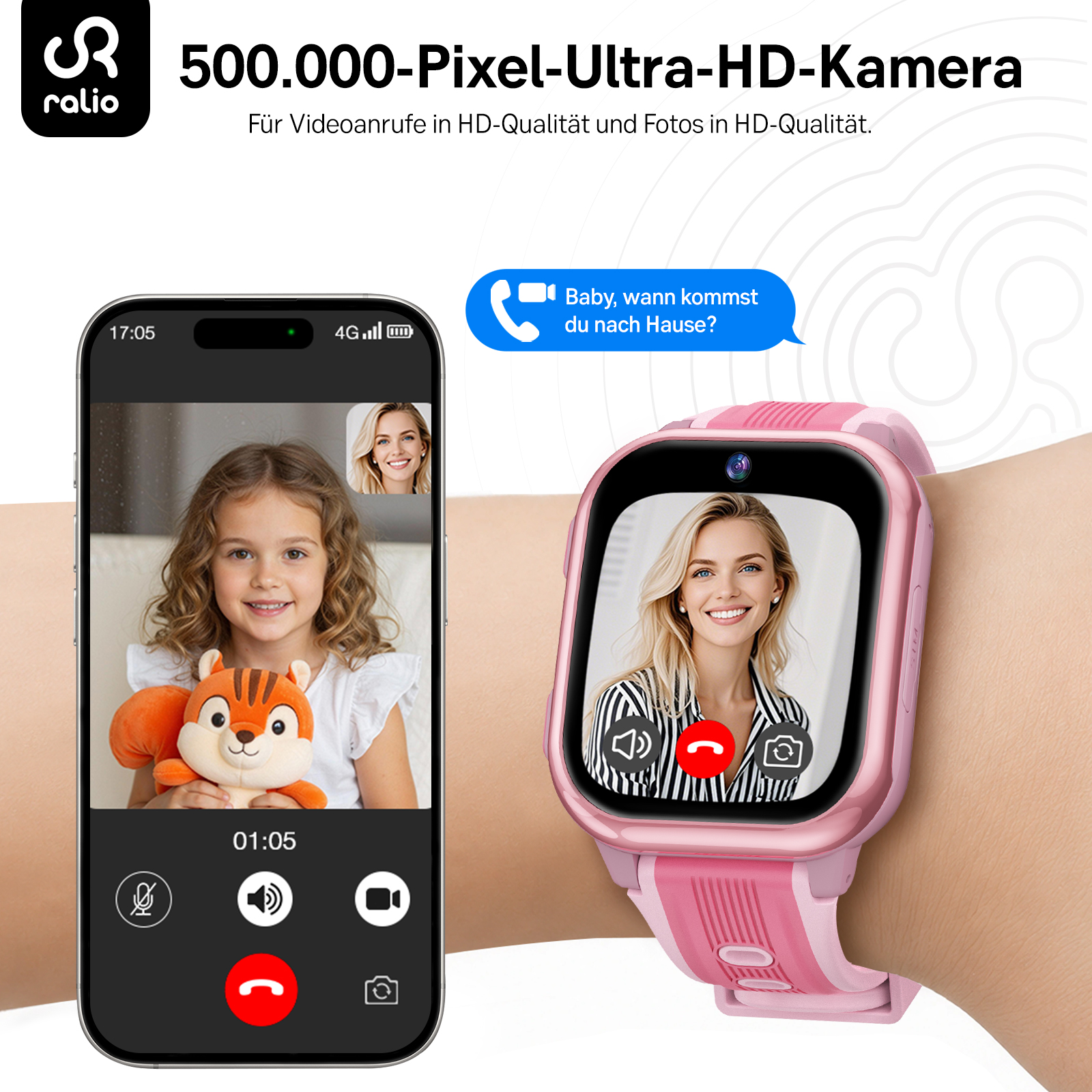 Smartwatch mit Kamera und Videocall auf dem Handgelenk, daneben ein Smartphone.