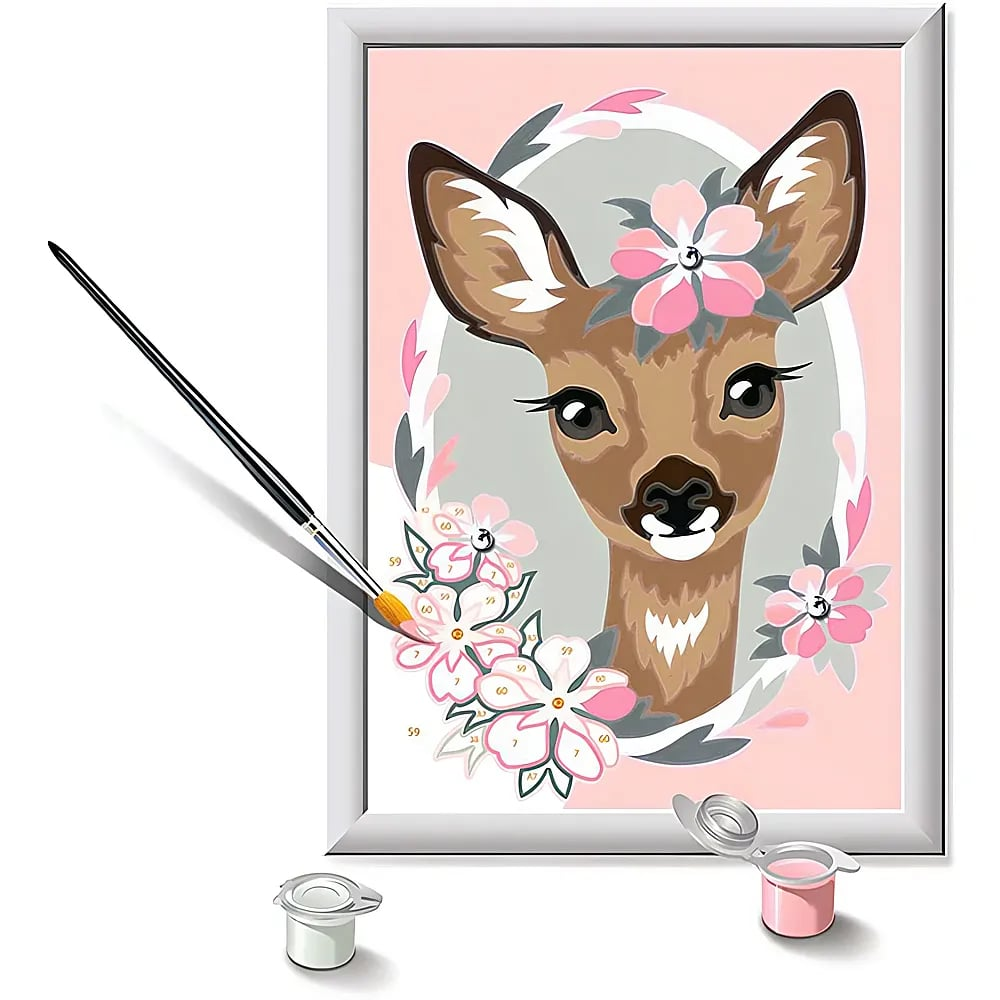 Ein Malen nach Zahlen-Set zeigt einen süßen Hirsch mit rosa Blumen, einem Pinsel und Farbtöpfen.