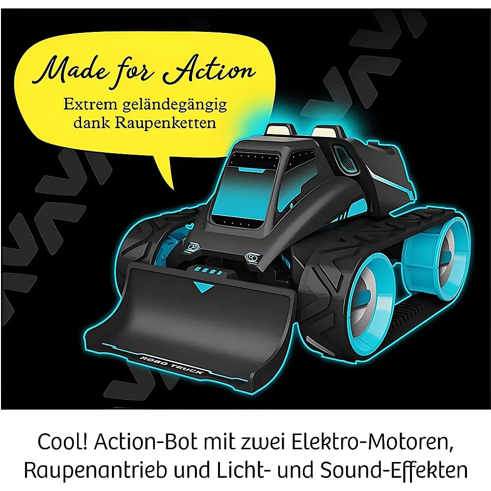 Ein schwarzer Roboter-Truck mit blauen Akzenten, Raupenketten und einer großen Baggerschaufel vor schwarzem Hintergrund.
