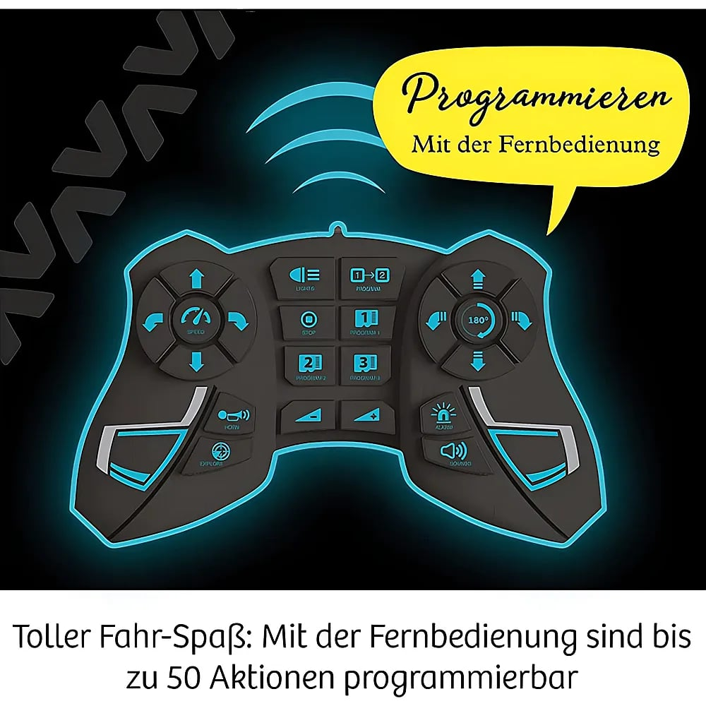 Schwarze Fernbedienung mit blauen Tasten und Leuchtelementen auf dunklem Hintergrund.