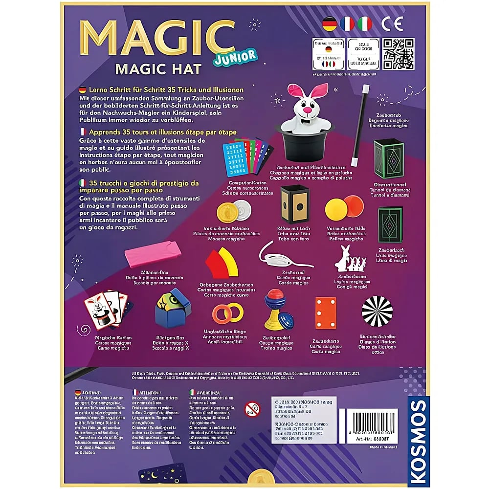 Verpackung des Kosmos Magic Junior Zauberkastens mit Hase im Zylinder, Requisiten und Beschreibungen auf der violetten Tafel.