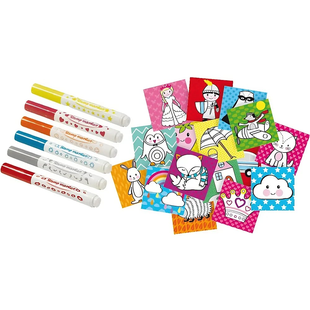 Sechs bunte Stempelstifte neben einem Haufen kleiner Karten mit bunten Cartoon-Illustrationen.