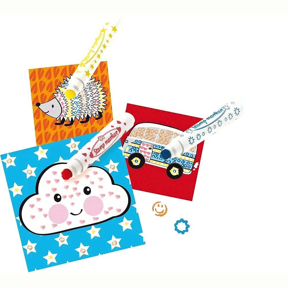 Stempelfarbstifte mit bunten Karten mit Igel-, Wolken- und Busmotiven.