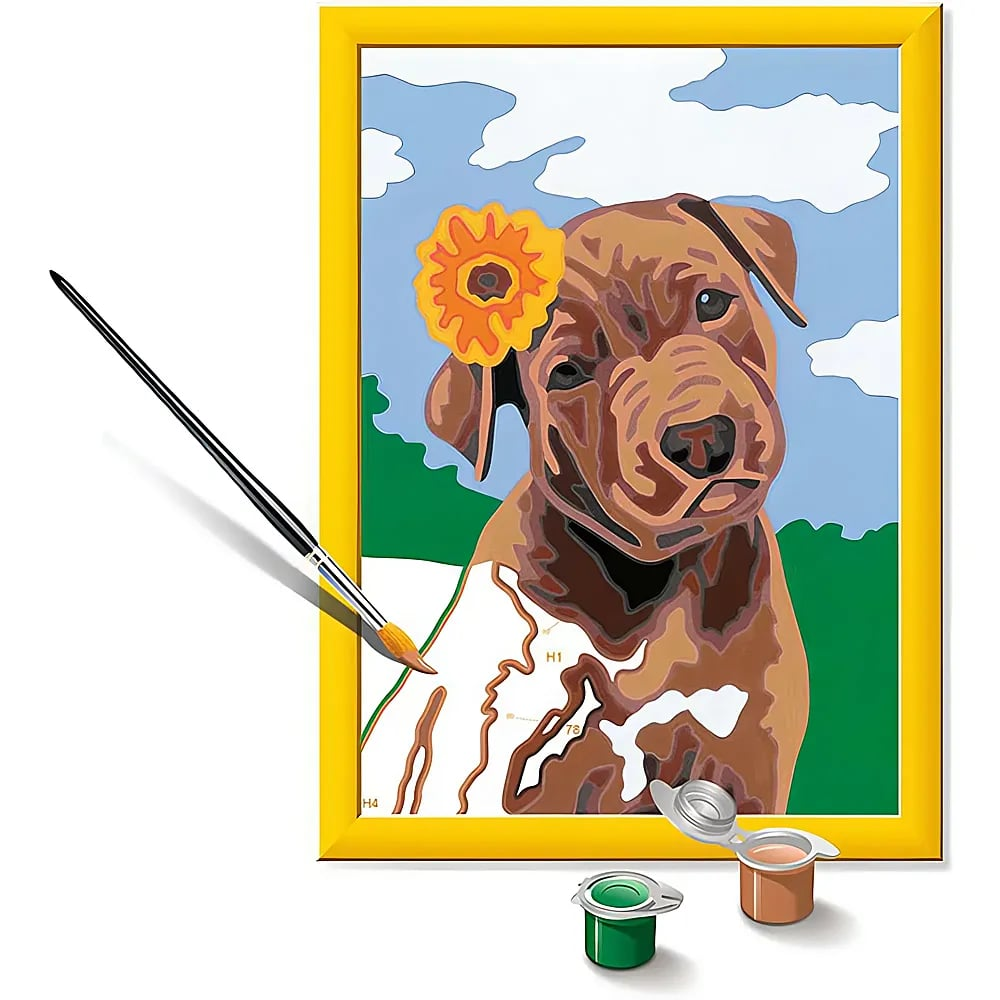 Ein Malen-nach-Zahlen-Bild eines braunen Hundes mit gelber Blume, Pinsel und Farbtöpfen.