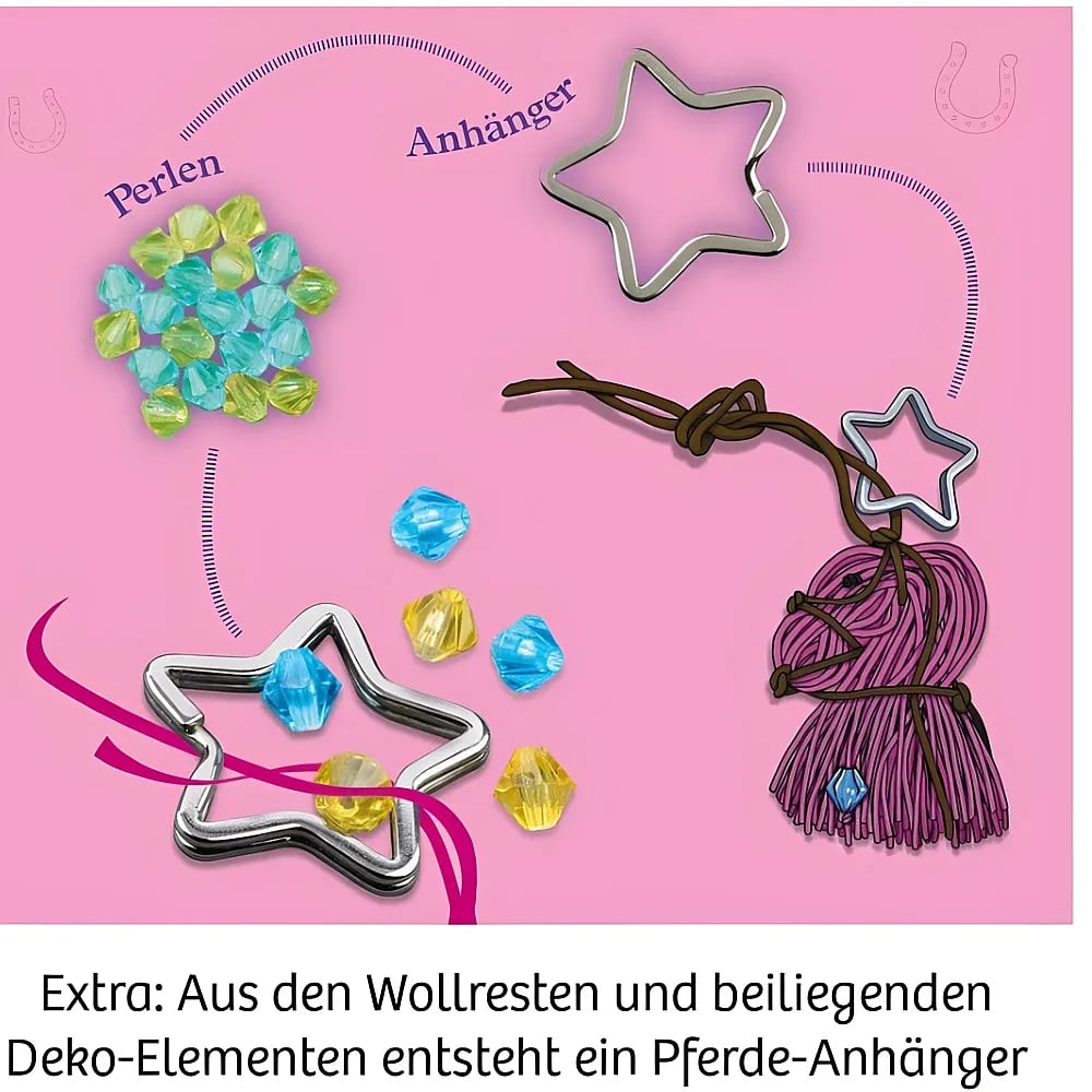 Bastelanleitung auf rosa Hintergrund zeigt gelbe und blaue Perlen, Sternanhänger und die Entstehung eines Pferdeanhängers.