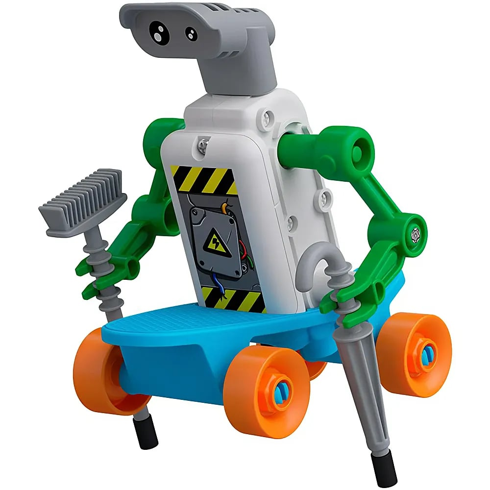 Ein Roboter-Spielzeug auf einem blauen Skateboard mit orangen Rädern, hält einen Besen und Stock.