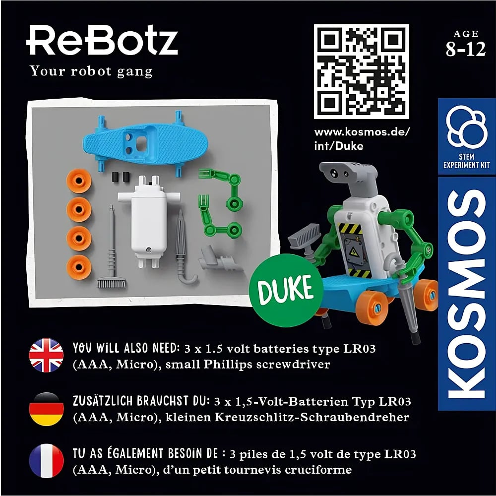 Produktverpackung für das ReBotz STEM-Experimentierset Duke mit Teilen und zusammengebautem Roboter auf Skateboard.