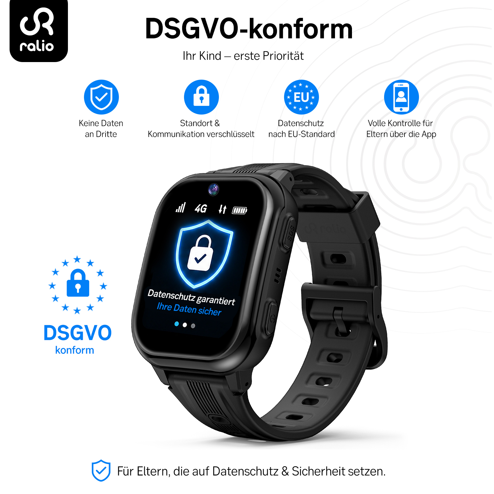 Eine schwarze Smartwatch mit Datenschutz- und Sicherheitsfunktionen, Icons und deutschem Text.