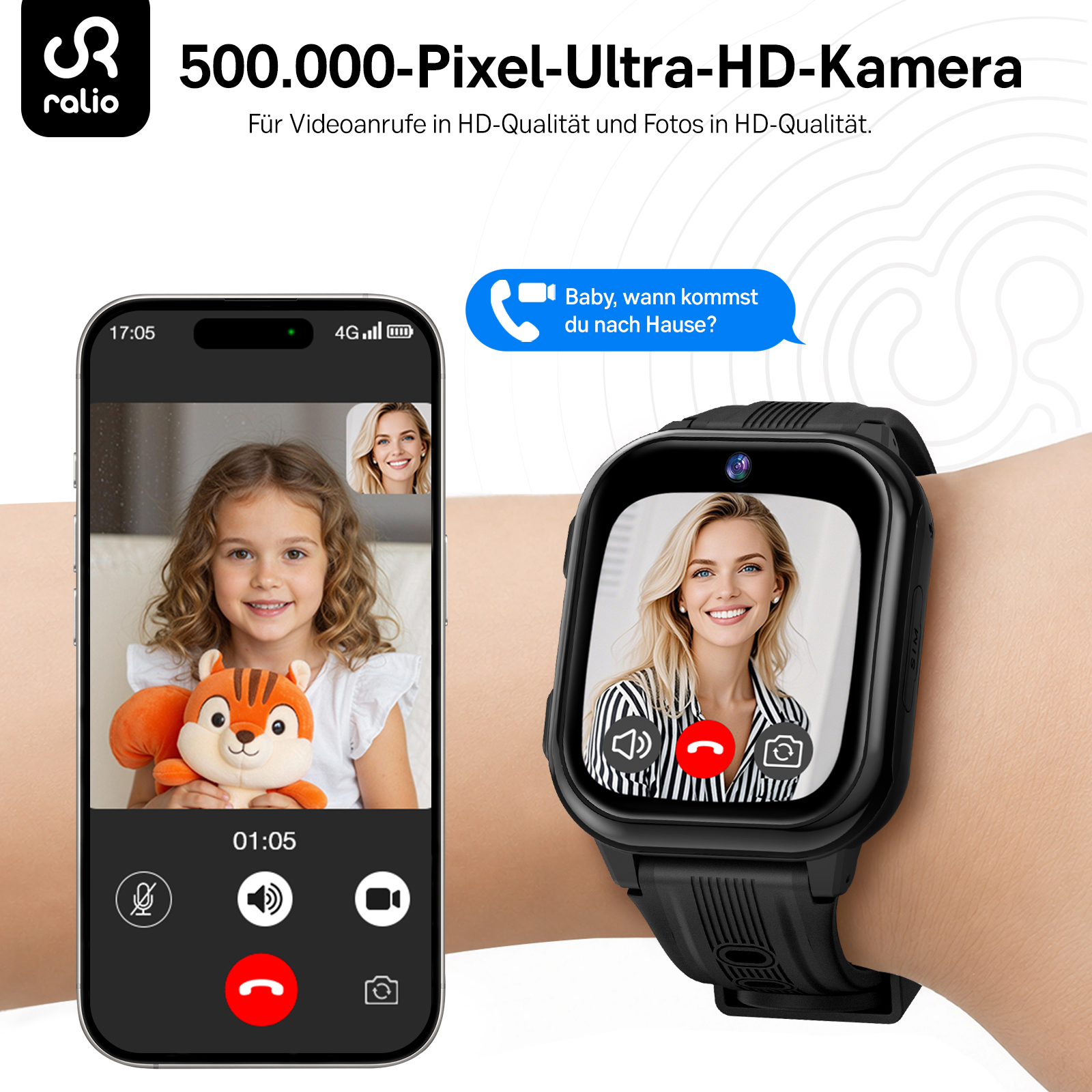 Smartwatch und Smartphone zeigen einen HD-Videoanruf mit einer Frau und einem Kind.