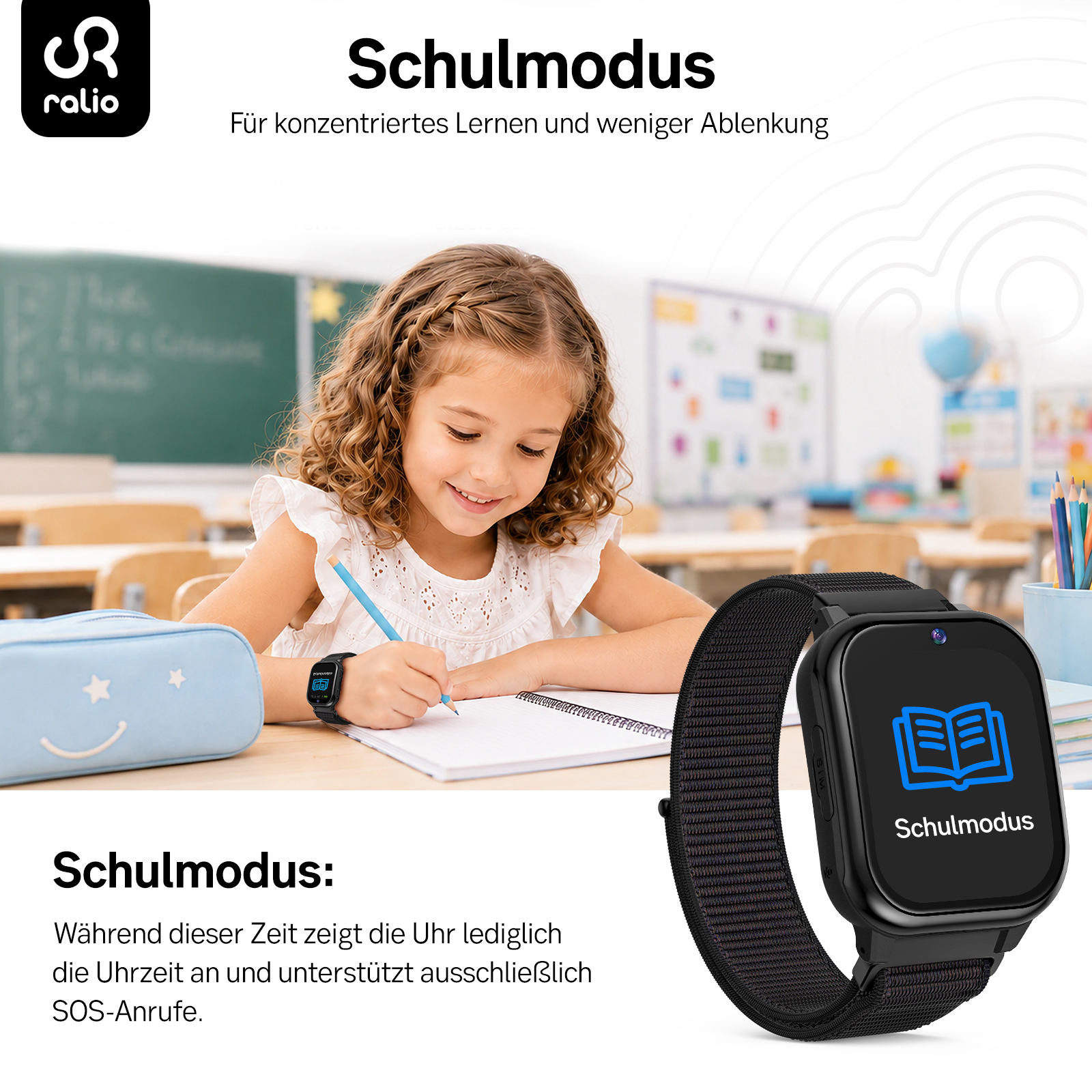 Ein Mädchen sitzt im Klassenzimmer und schreibt, daneben eine schwarze Smartwatch mit Schulmodus-Symbol.
