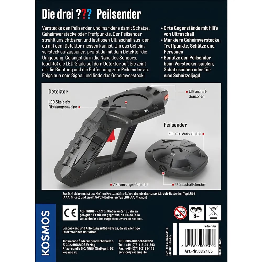 Produktverpackung für Die drei ??? Peilsender mit Detektor, Ultraschallsensor und Sender auf schwarzem Hintergrund.