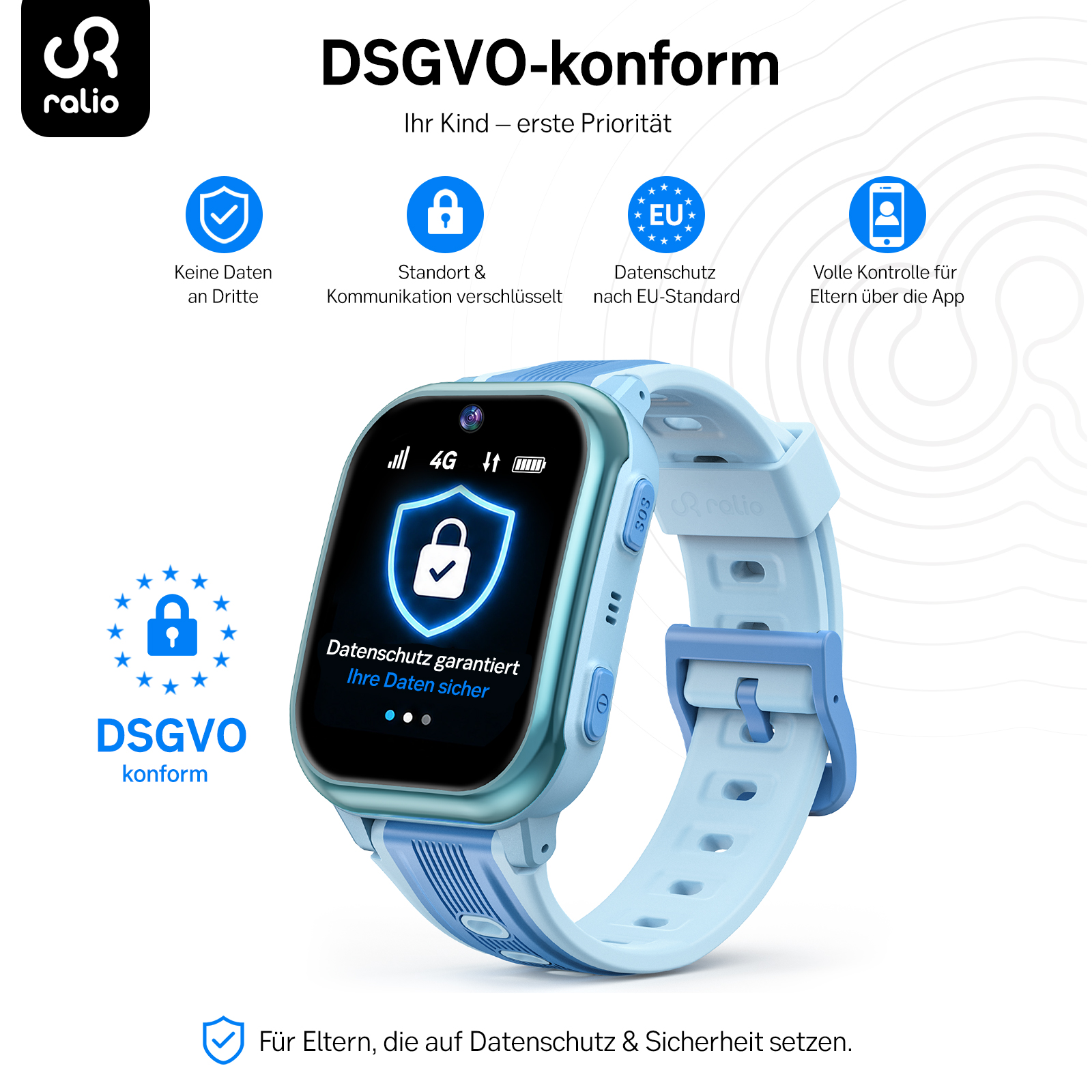 Eine hellblaue Kinder-Smartwatch mit Datenschutz-Symbolen und DSGVO-Hinweisen.