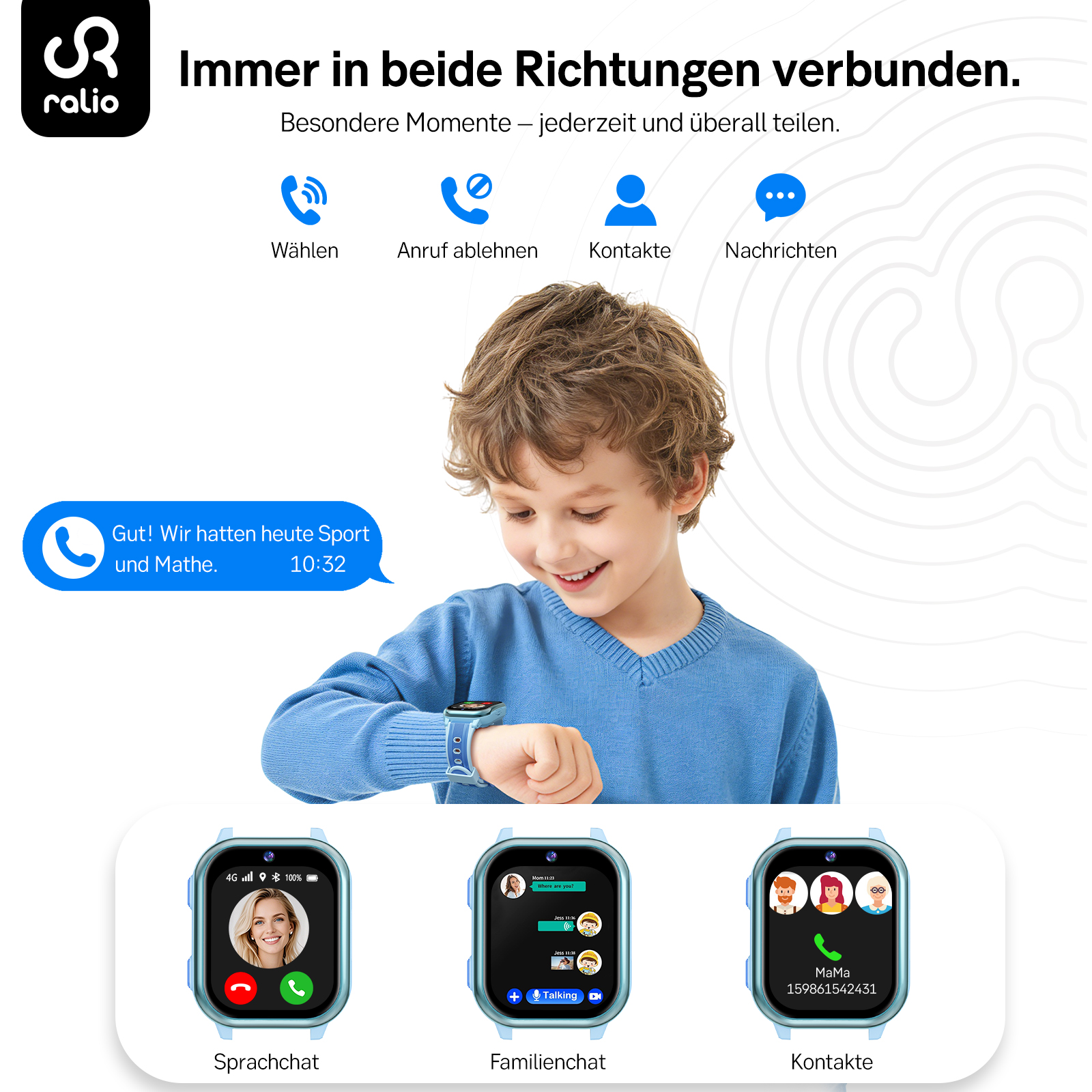 Ein Junge betrachtet stolz seine blaue Kinder-Smartwatch, während Symbole für Anrufe, Chats und Kontakte zu sehen sind.
