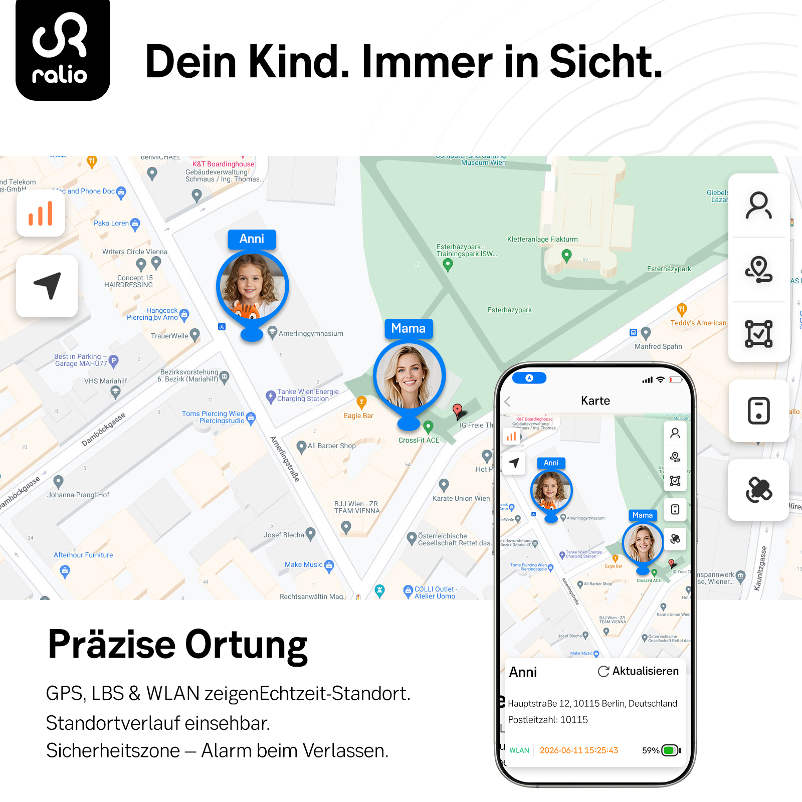Screenshot der Ralio App mit Karte und Standorten von Anni und Mama, rechts ein Smartphone.