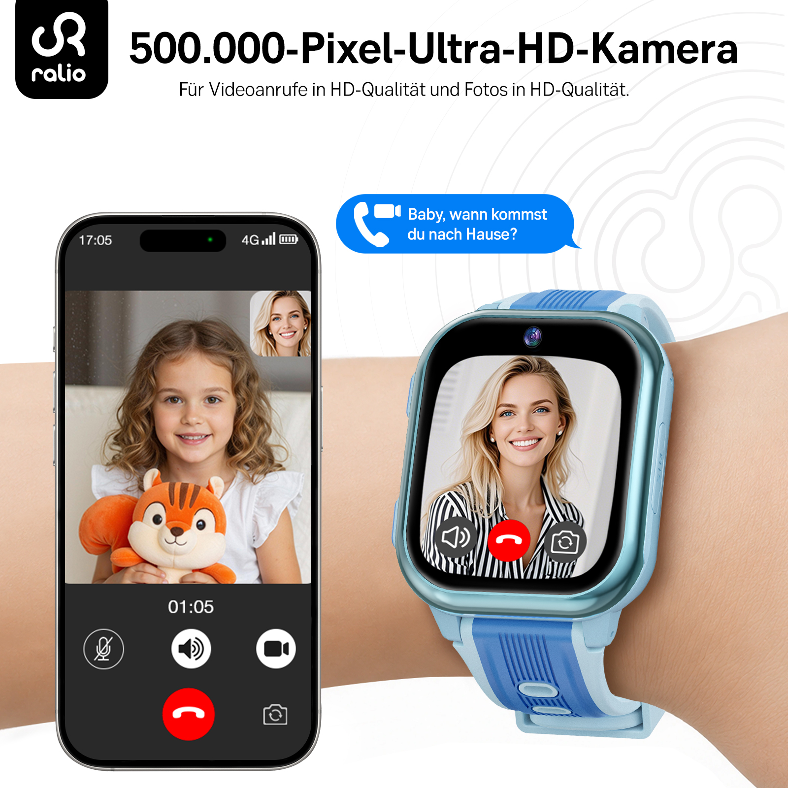 Eine Smartwatch und ein Smartphone zeigen Videoanrufe mit einer Frau und einem Kind.