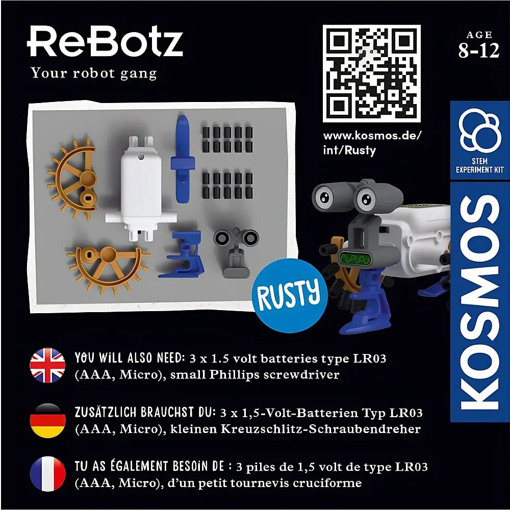ReBotz Rusty Roboter-Set Verpackung mit Bauteilen, QR-Code und Altersangabe 8-12.