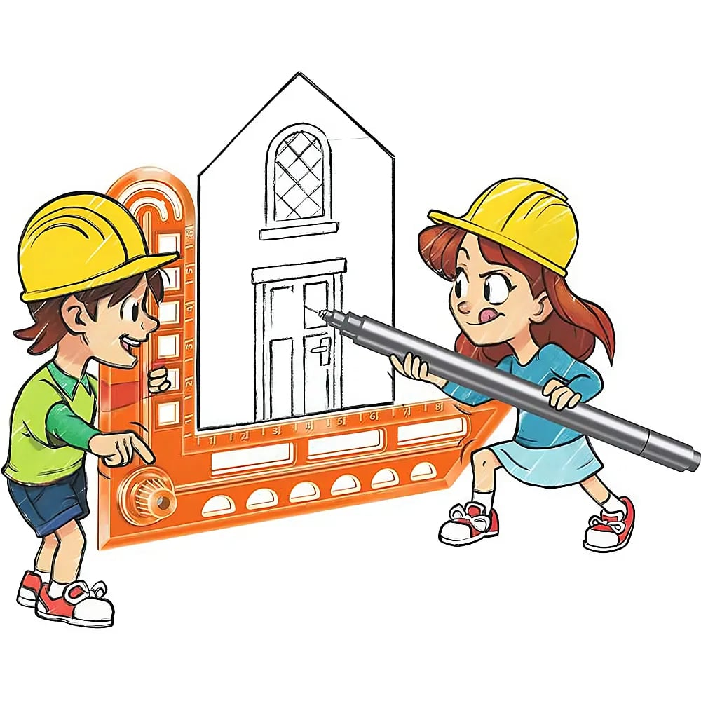 Zwei Kinder mit Bauhelmen zeichnen ein Haus auf ein großes orangefarbenes Zeichenbrett.