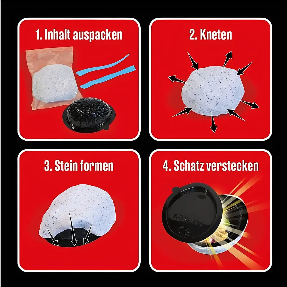 Vier Schritte einer Anleitung: Inhalt auspacken, kneten, Stein formen und Schatz verstecken.