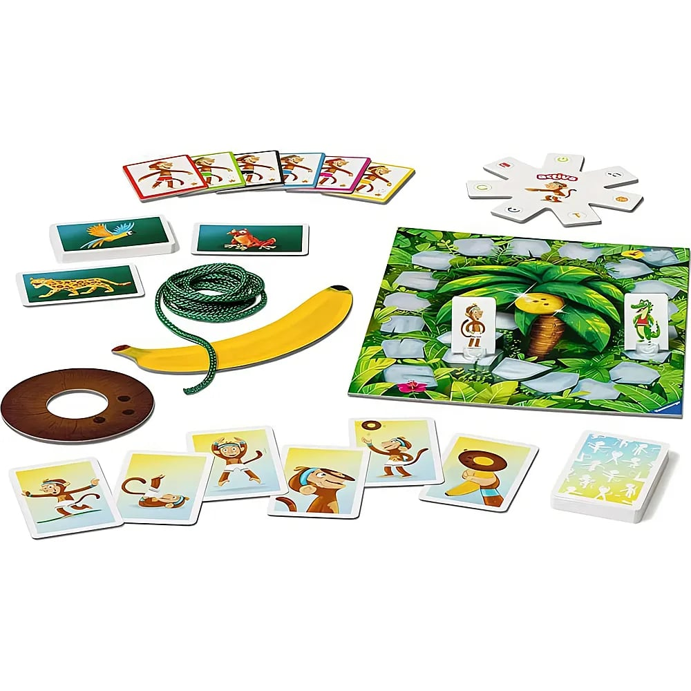 Un gioco da tavolo a tema giungla con carte, una banana gialla, una corda verde e pedine su sfondo bianco.