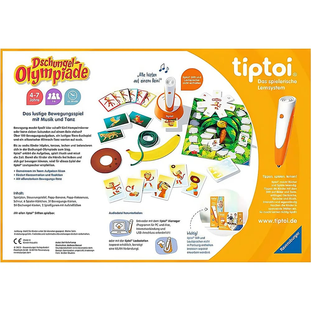 Scatola Tiptoi Olimpiadi della Giungla con tabellone, carte, banana, noce di cocco e penna Tiptoi.