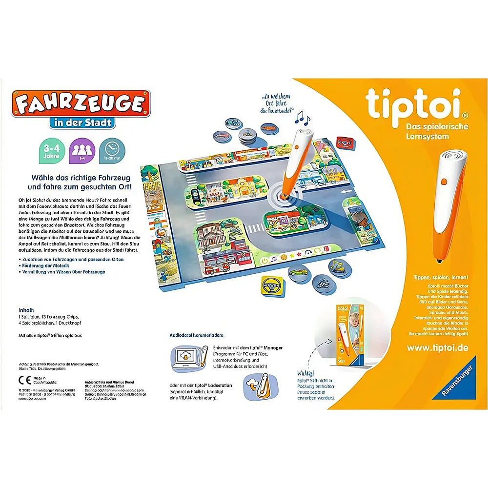 Tiptoi Lernspiel 'Fahrzeuge in der Stadt' mit Spielplan, Stift und kleinen Chips auf gelbem Hintergrund.