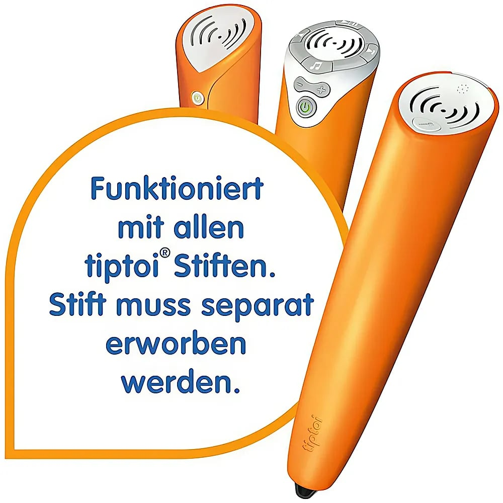 Drei orange Tiptoi-Stifte und ein Schild mit deutschem Text.