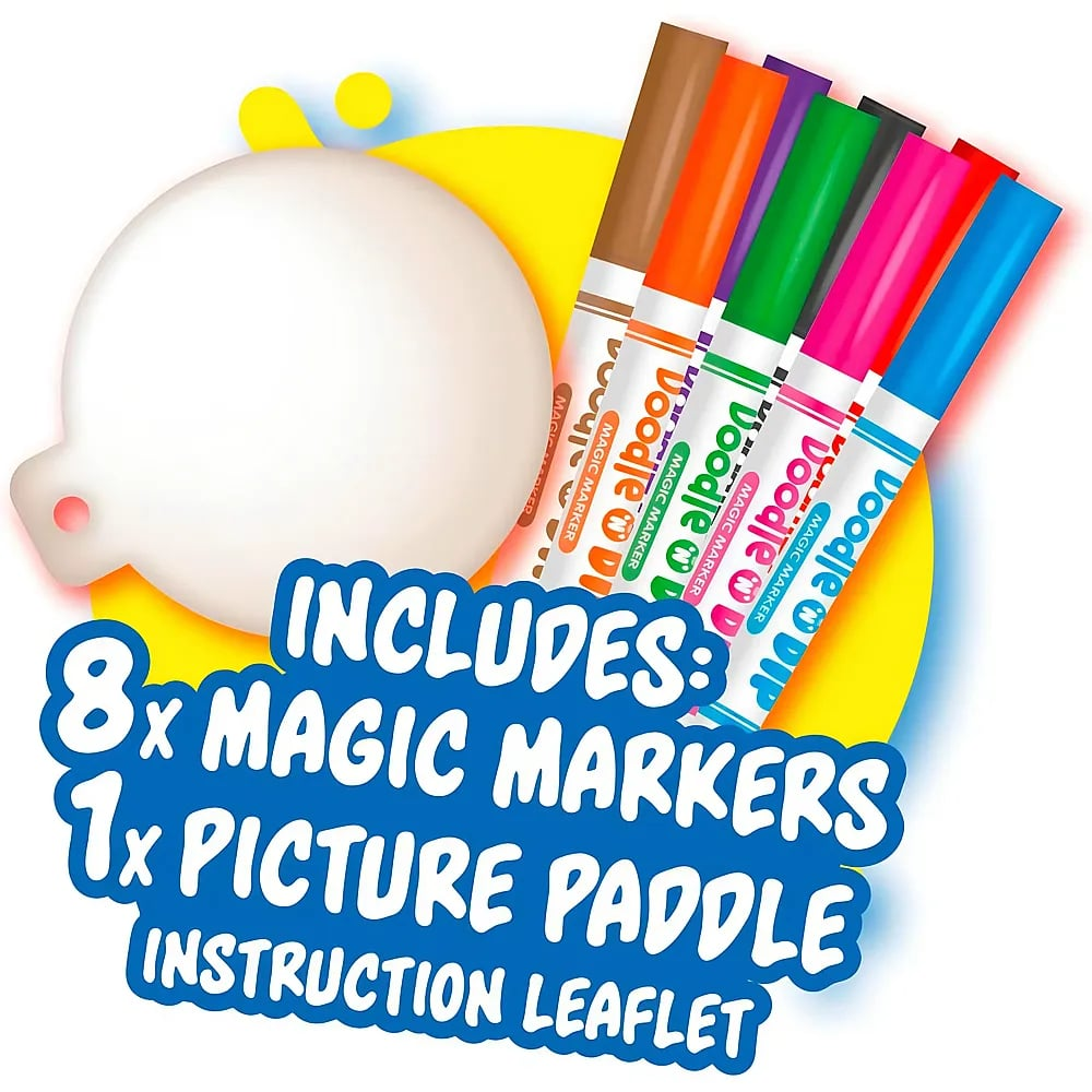 Bastelset mit acht bunten Magic Markers und weißem Bildpaddel vor gelb-blauem Hintergrund.