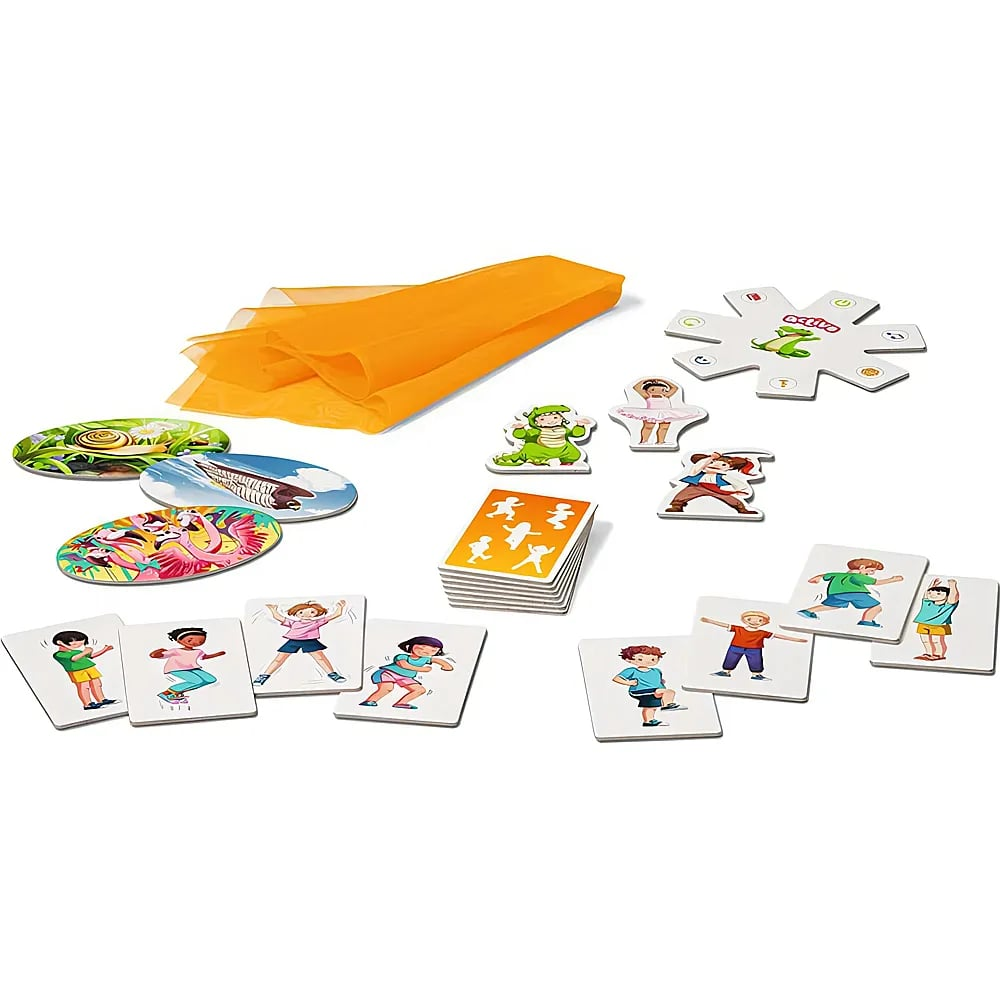 Ein Kinderspielset mit einem orangen Tuch, Bewegungskarten, Plättchen und ovalen Bildtafeln.