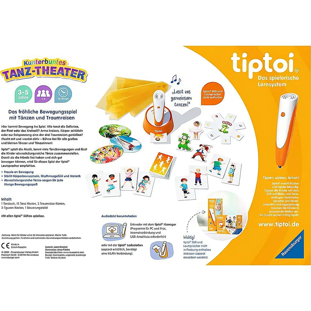 Verpackung des Ravensburger Tiptoi Tanz-Theater Spiels mit gelber Box, Tanzkarten und Tiptoi-Stift.