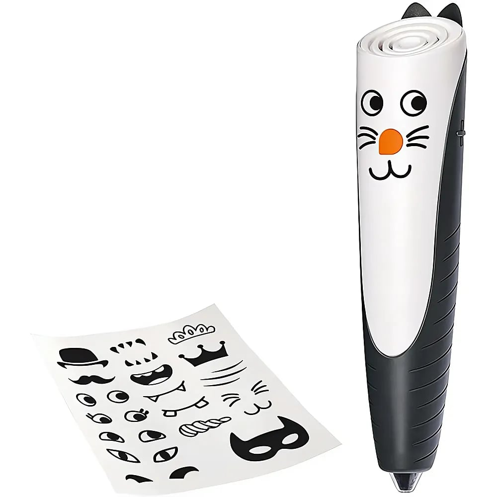 Ein weißer Stift mit Katzengesicht und ein Bogen mit Aufklebern auf weißem Hintergrund.
