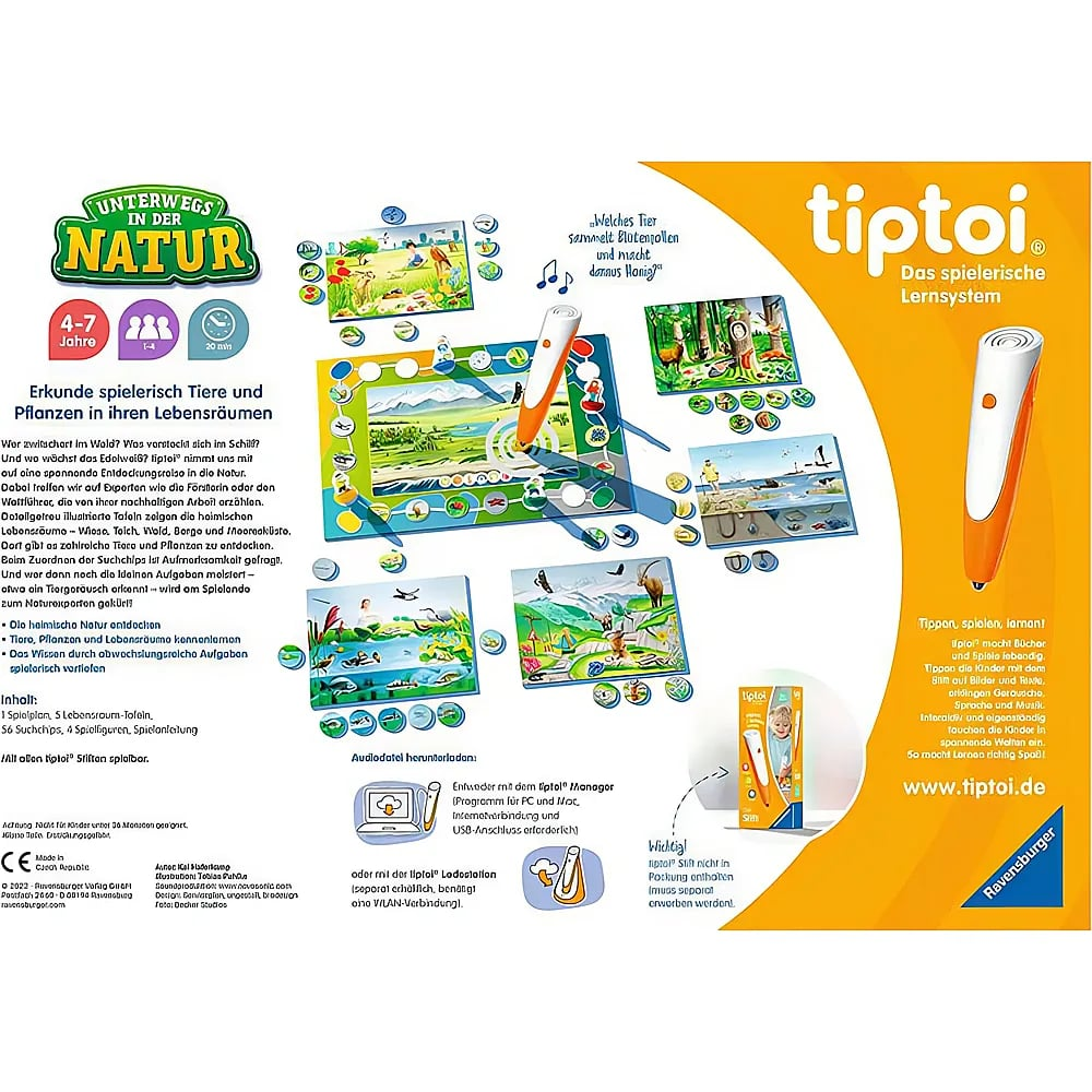 Tiptoi Lernspiel 'Unterwegs in der Natur' mit orangem Stift, Spielbrett, Figuren und bunten Naturillustrationen.