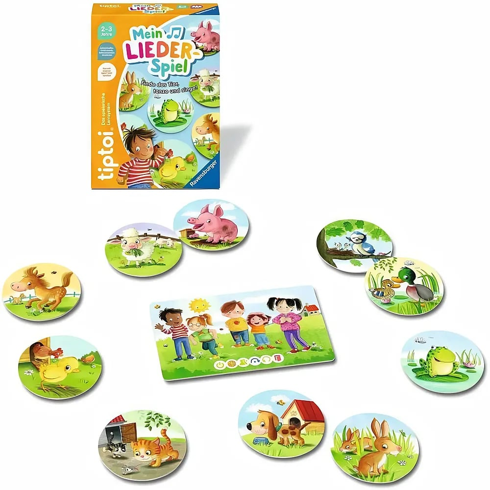 Tiptoi-Spiel 'Mein Liederspiel' mit Spielschachtel, zentraler Spieltafel und runden Tiermotiv-Plättchen.