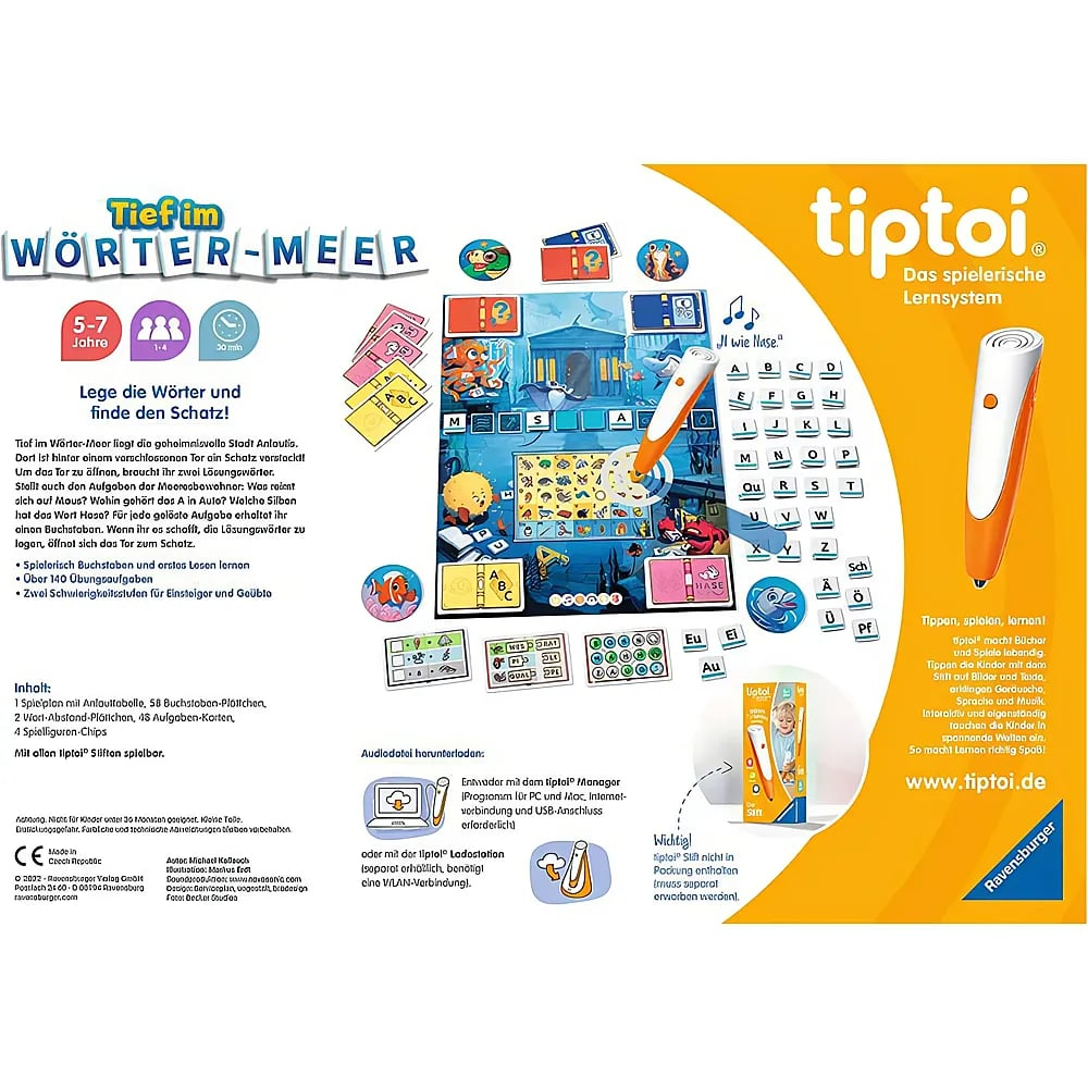 Gioco da tavolo Tiptoi con tema sottomarino blu, tessere con lettere e penna interattiva arancione.