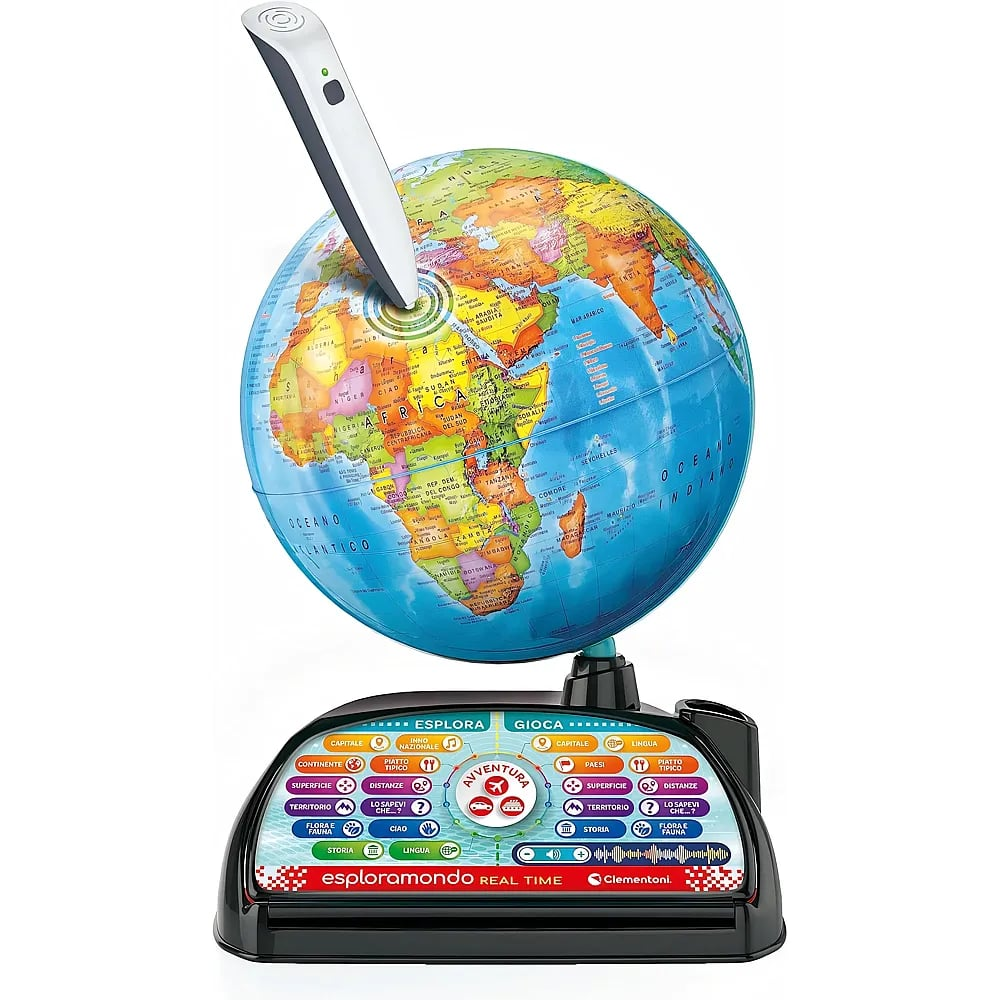 Ein interaktiver Globus mit Stift auf Afrika, auf einem schwarzen Sockel mit bunten Steuertasten.
