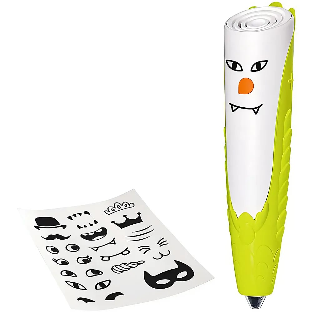Grüner und weißer Stift mit Monstergesicht und ein Bogen mit Aufklebern auf weißem Hintergrund.