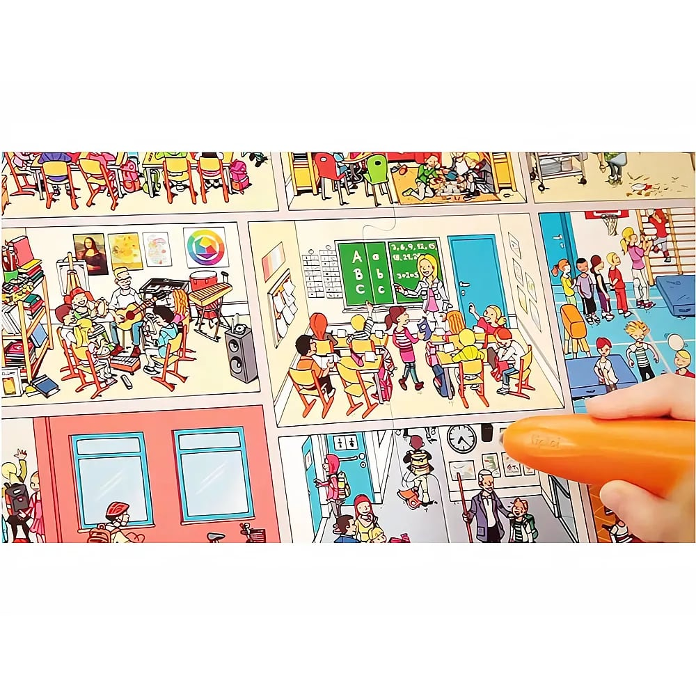 Comic-Szenen aus einer Schule, in der ein Stift auf ein Bild tippt.