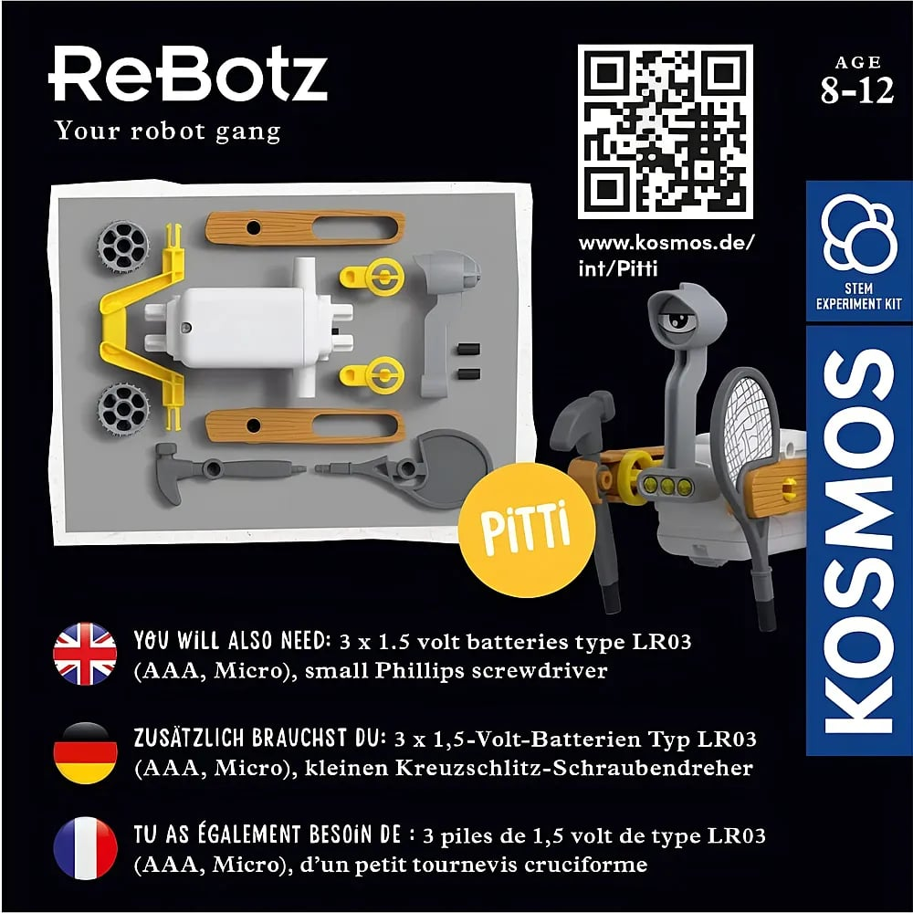 Kosmos ReBotz Roboter-Bausatz mit Einzelteilen, zusammengebauter Figur, QR-Code und Batteriedetails.