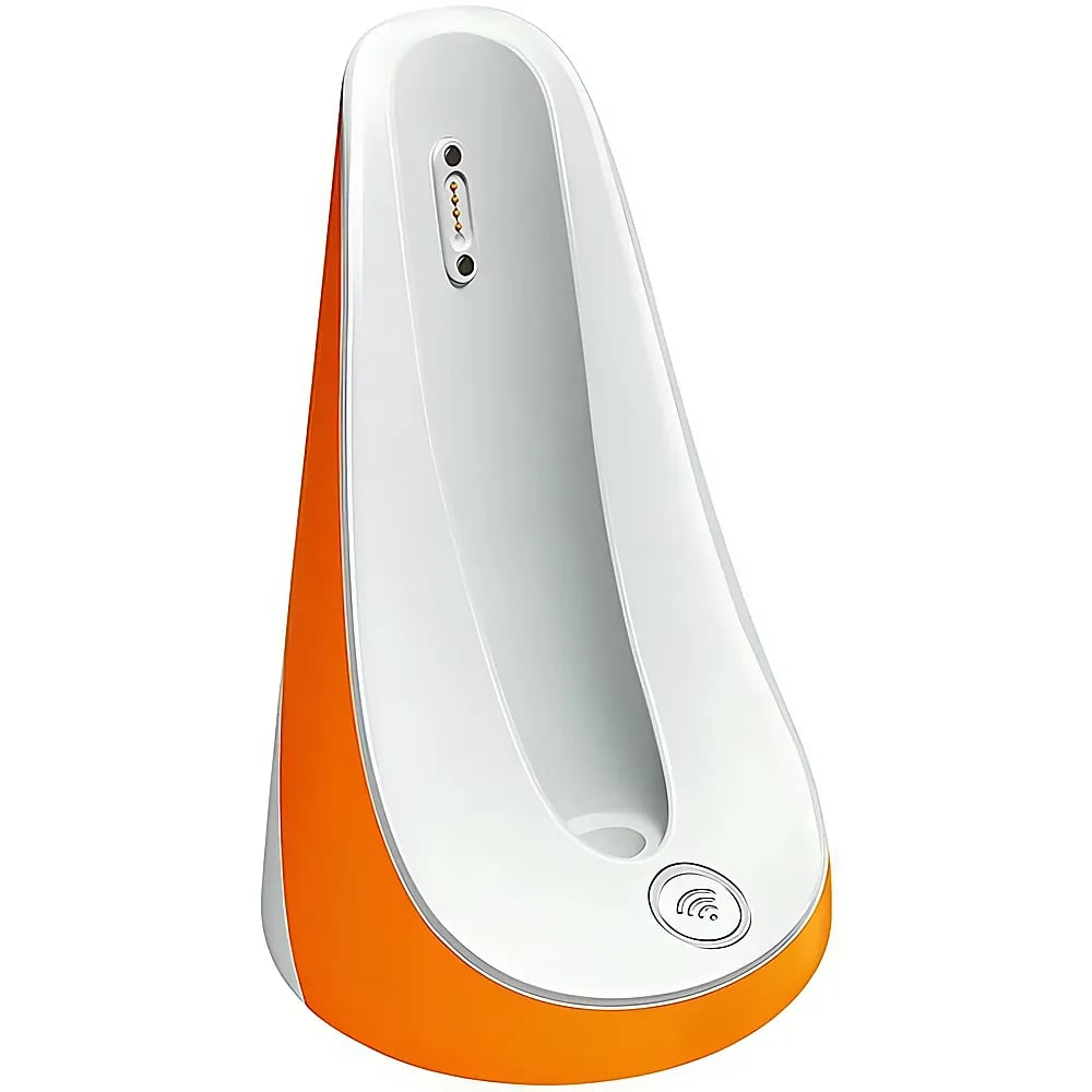 Eine orange-weiße, konische Ladestation mit Sensoren und Ladekontakten auf einer weißen Oberfläche.