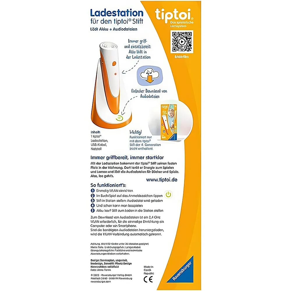 Produktwerbung mit orange-weissem Tiptoi-Stift, Lade-Station und erklärendem Text auf gelbem Hintergrund.