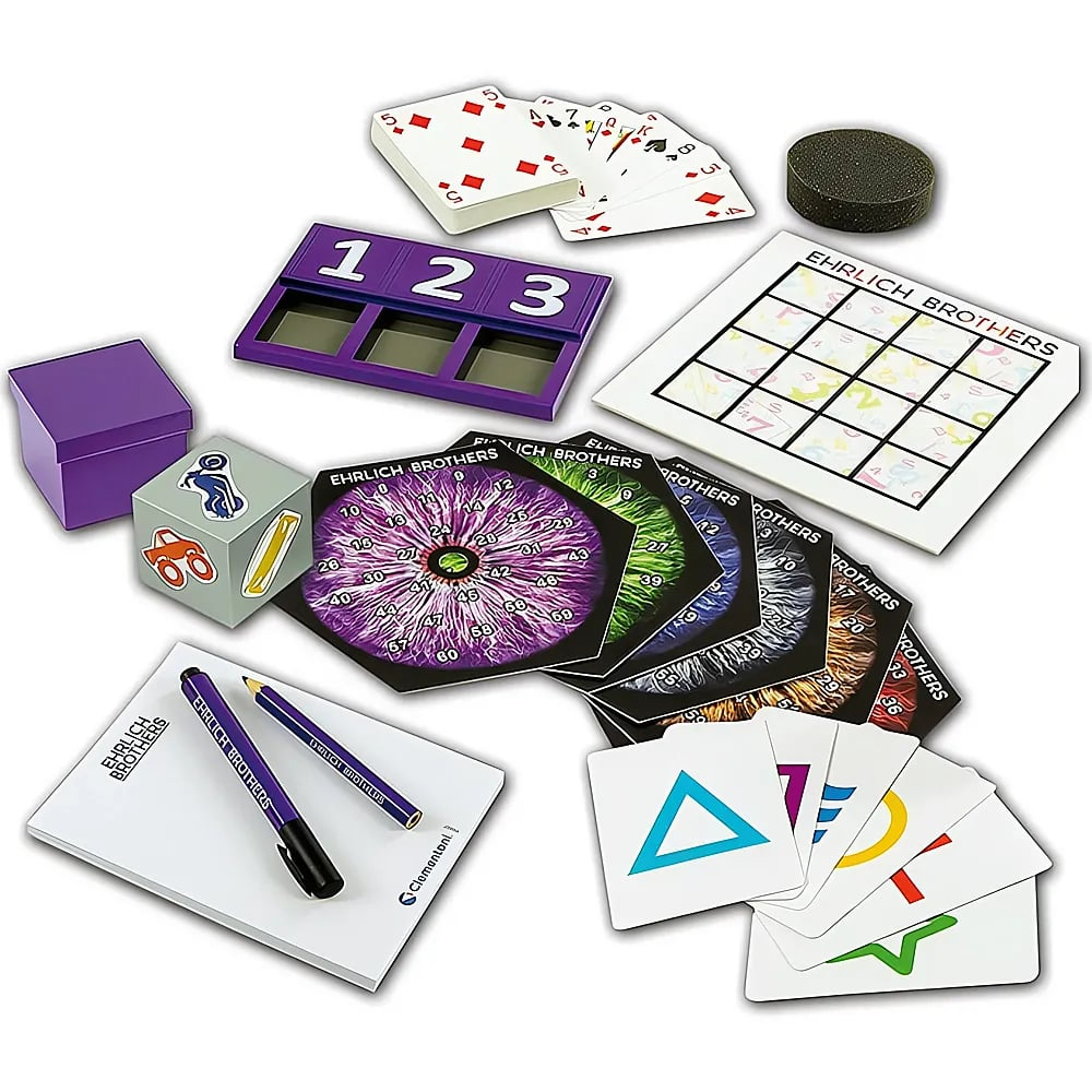 Kit de magie Ehrlich Brothers avec cartes, dés, bloc, stylos et hexagones colorés sur fond blanc.
