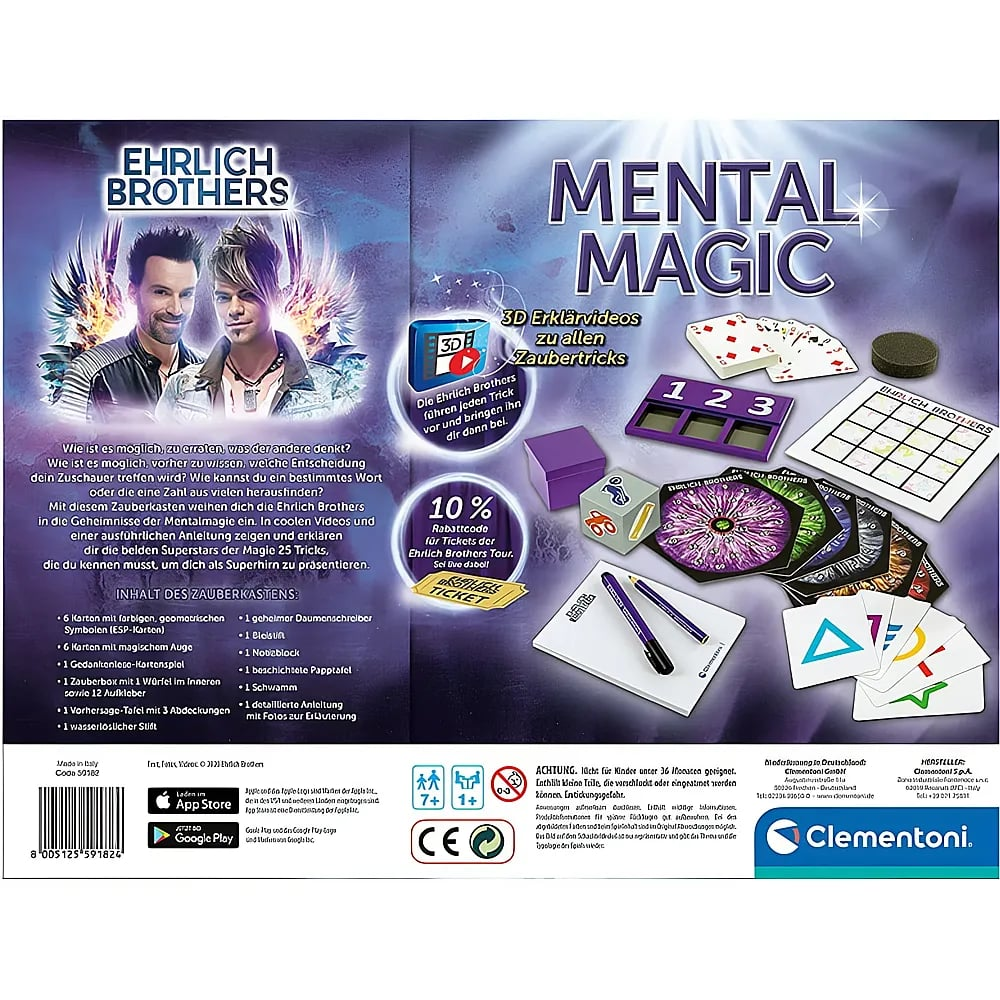 Boîte de set de magie Ehrlich Brothers Mental Magic avec divers accessoires et instructions.