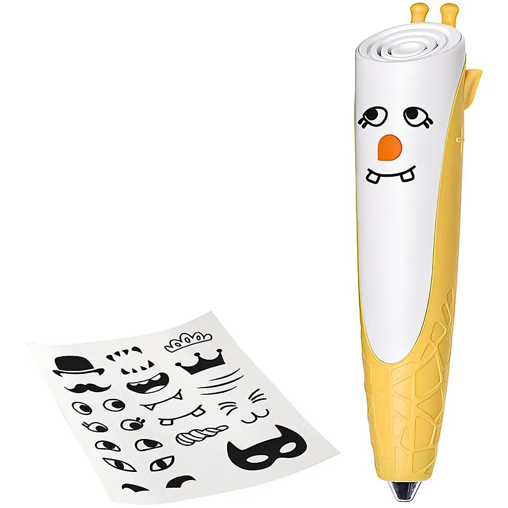 Ein weißer und gelber Stift mit Gesicht und ein Bogen mit Aufklebern auf weißem Hintergrund.