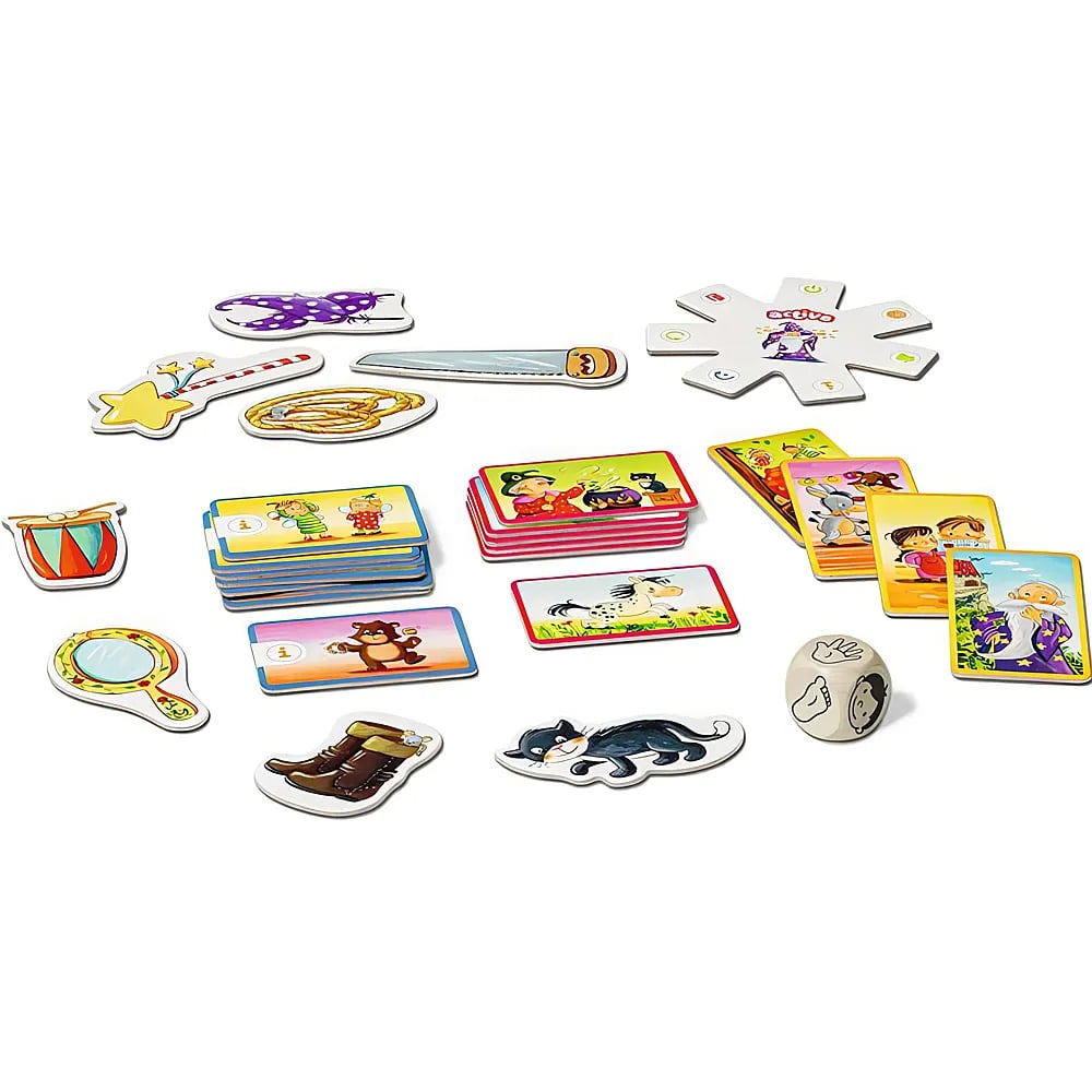 Colorato gioco per bambini con carte, sagome e un dado su sfondo bianco.