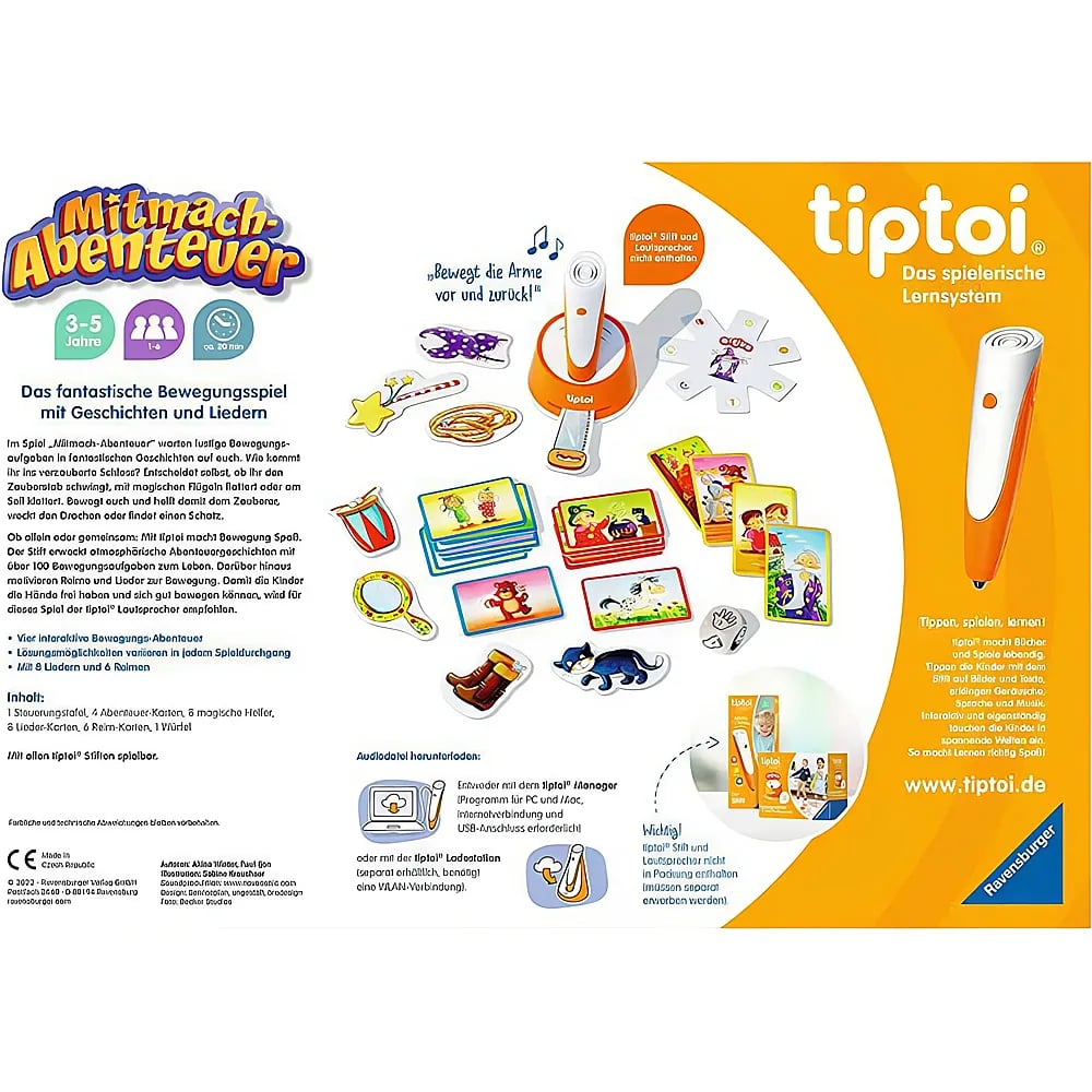 La confezione del gioco Tiptoi Mitmach-Abenteuer mostra i materiali di gioco e una penna Tiptoi arancione.