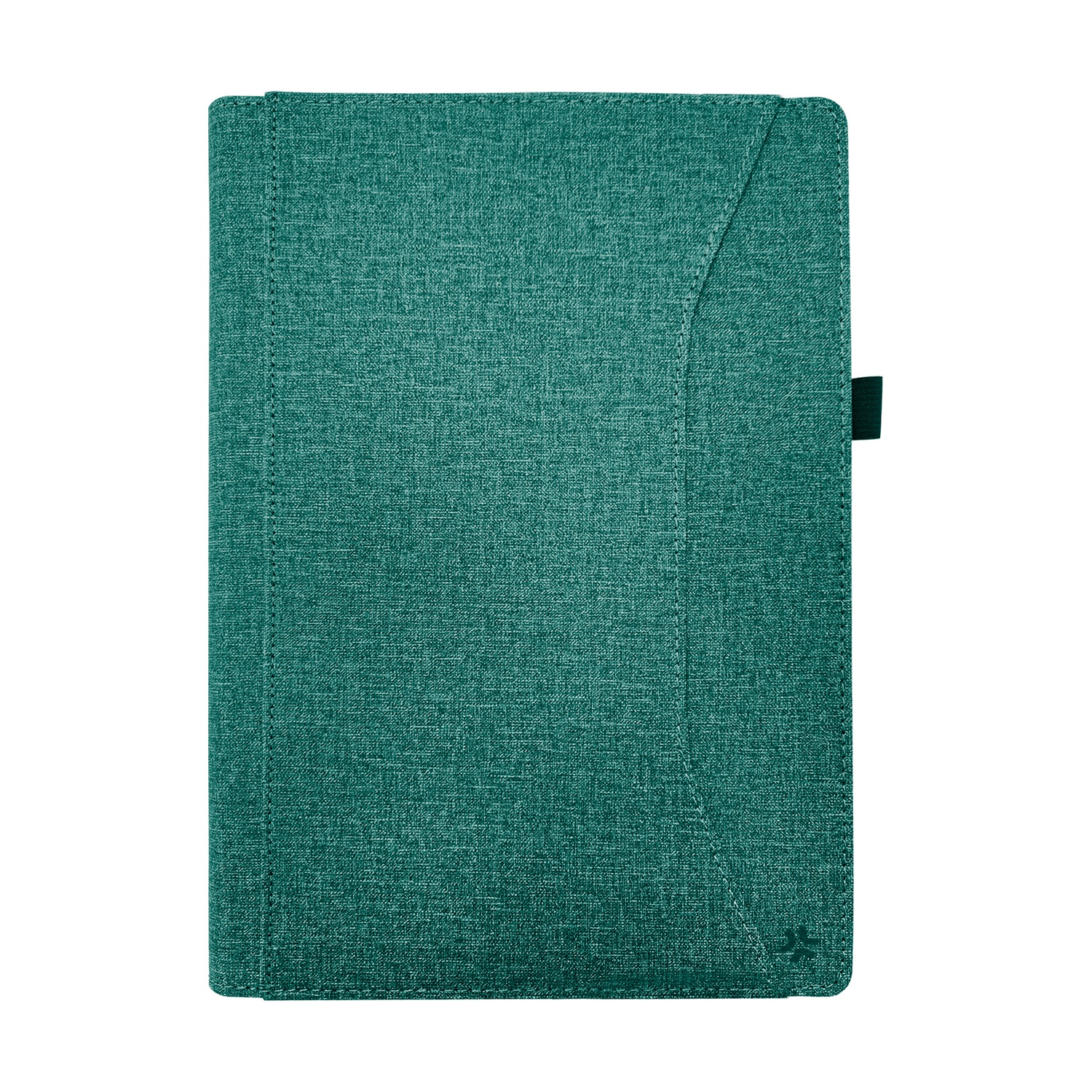 Un taccuino chiuso con copertina in tessuto verde acqua su sfondo bianco.