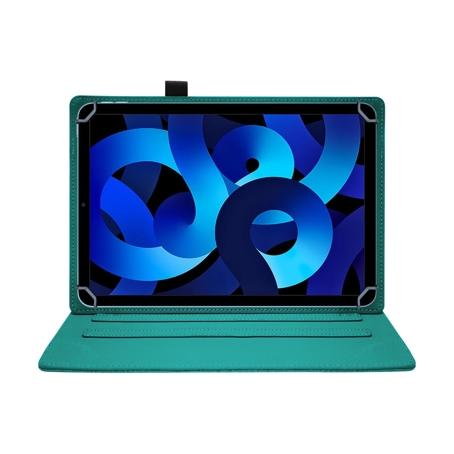 Un tablet in una custodia protettiva verde acqua con uno sfondo astratto blu.