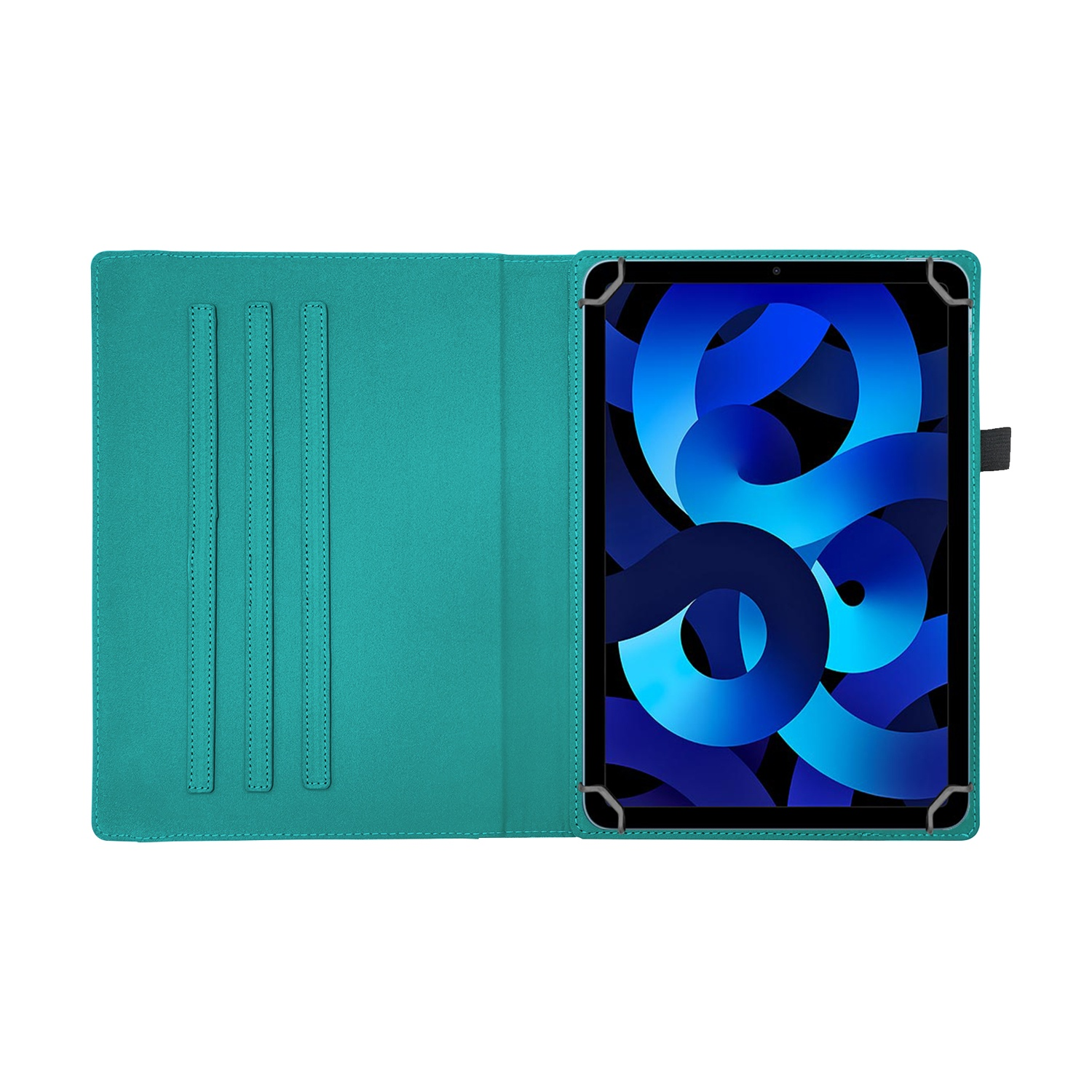 Custodia per tablet turchese aperta con uno schermo a motivi vorticosi blu su sfondo bianco.