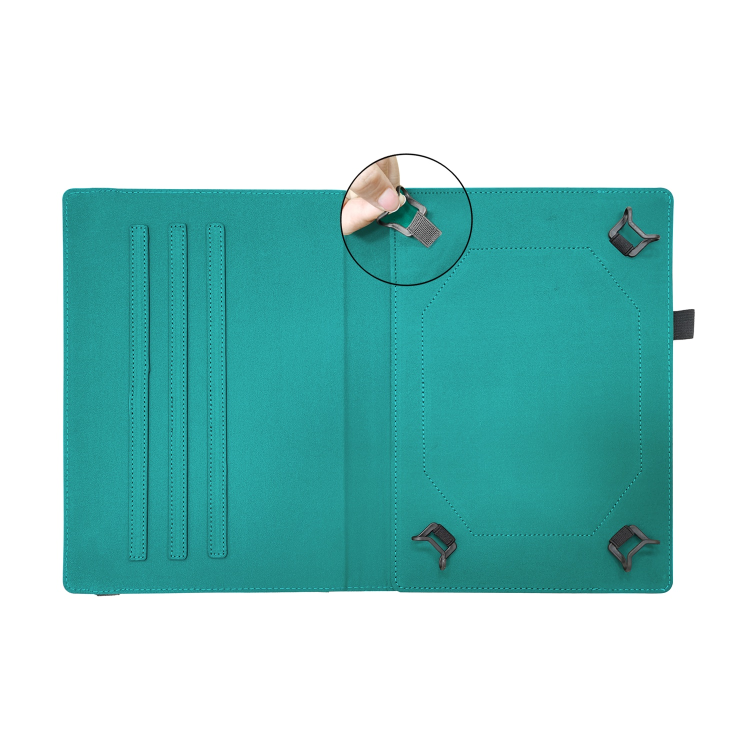 Custodia per tablet turchese con clip angolari e un dettaglio circolare che mostra una mano che regola una clip.