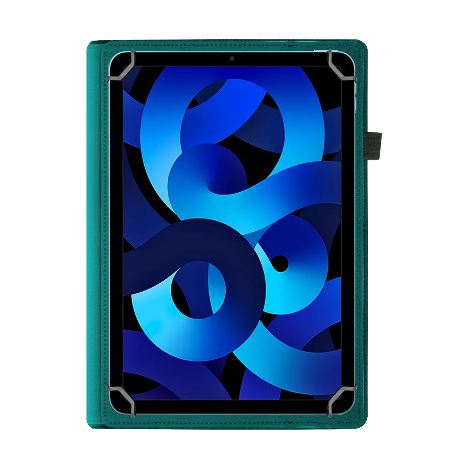 Un tablet in una custodia protettiva verde con schermo blu.