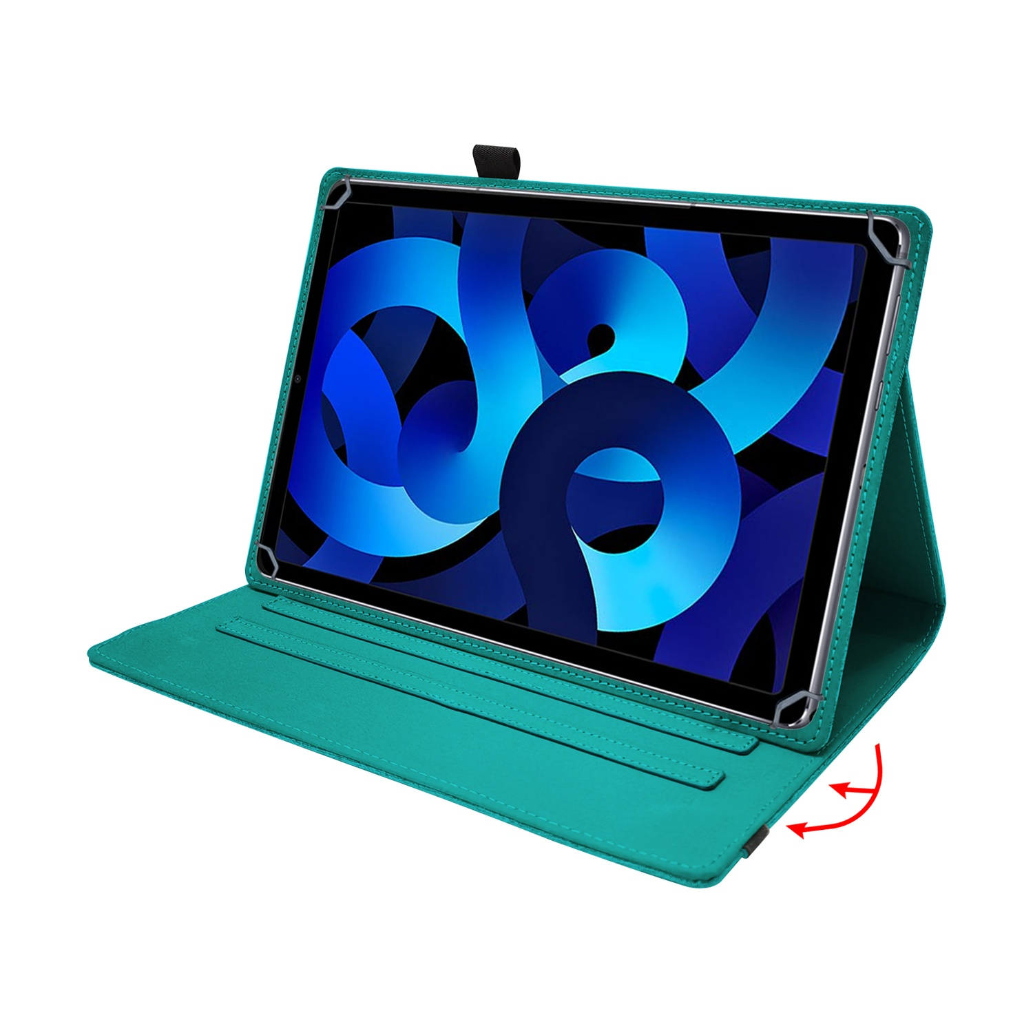 Un tablet in custodia verde acqua con schermo blu astratto e frecce rosse.